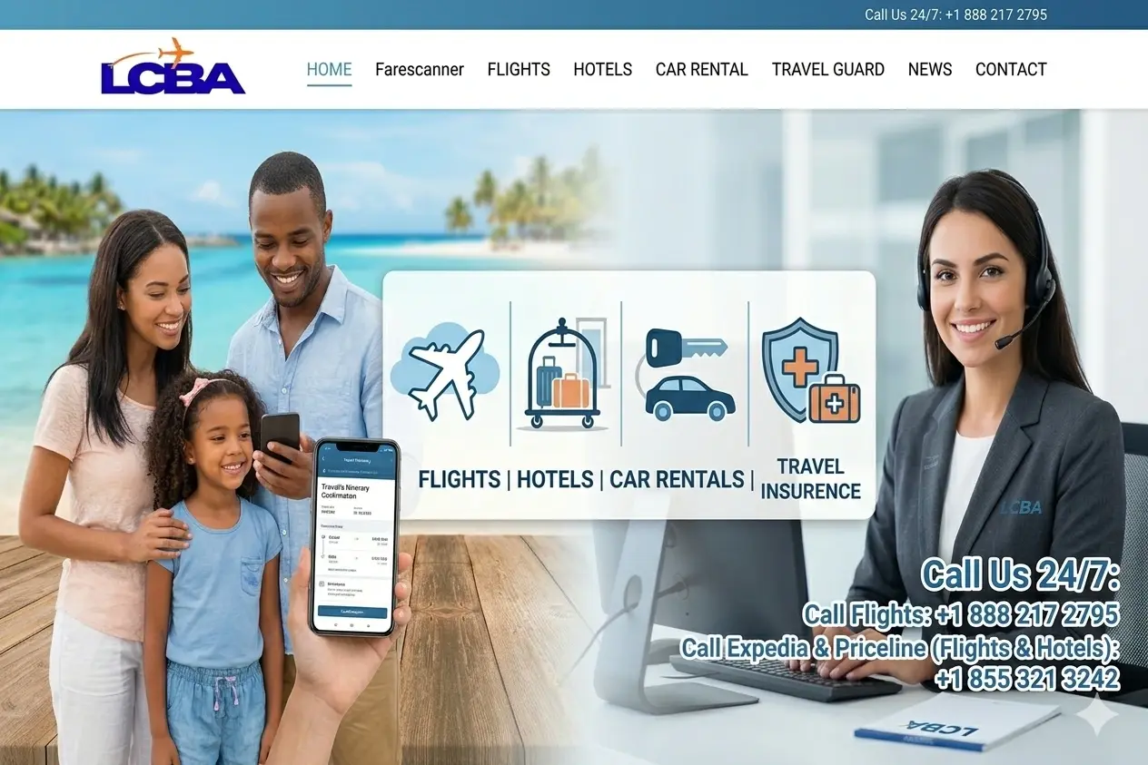 #1 Best Travel Agency for Smart Global Travelers and Specially American Travelers​​​ | A diverse happy family looking at a travel booking confirmation on a phone at the beach, alongside stylized icons for flights, hotels, and car rentals, and a smiling travel support agent with a headset, representing Low Cost Budget Airlines (LCBA) services and customer trust. | #1 Best Travel Agency for Smart Global Travelers and Specially American Travelers - Low Cost Budget Airlines - lcba-homepage-featured-travel-deals.png